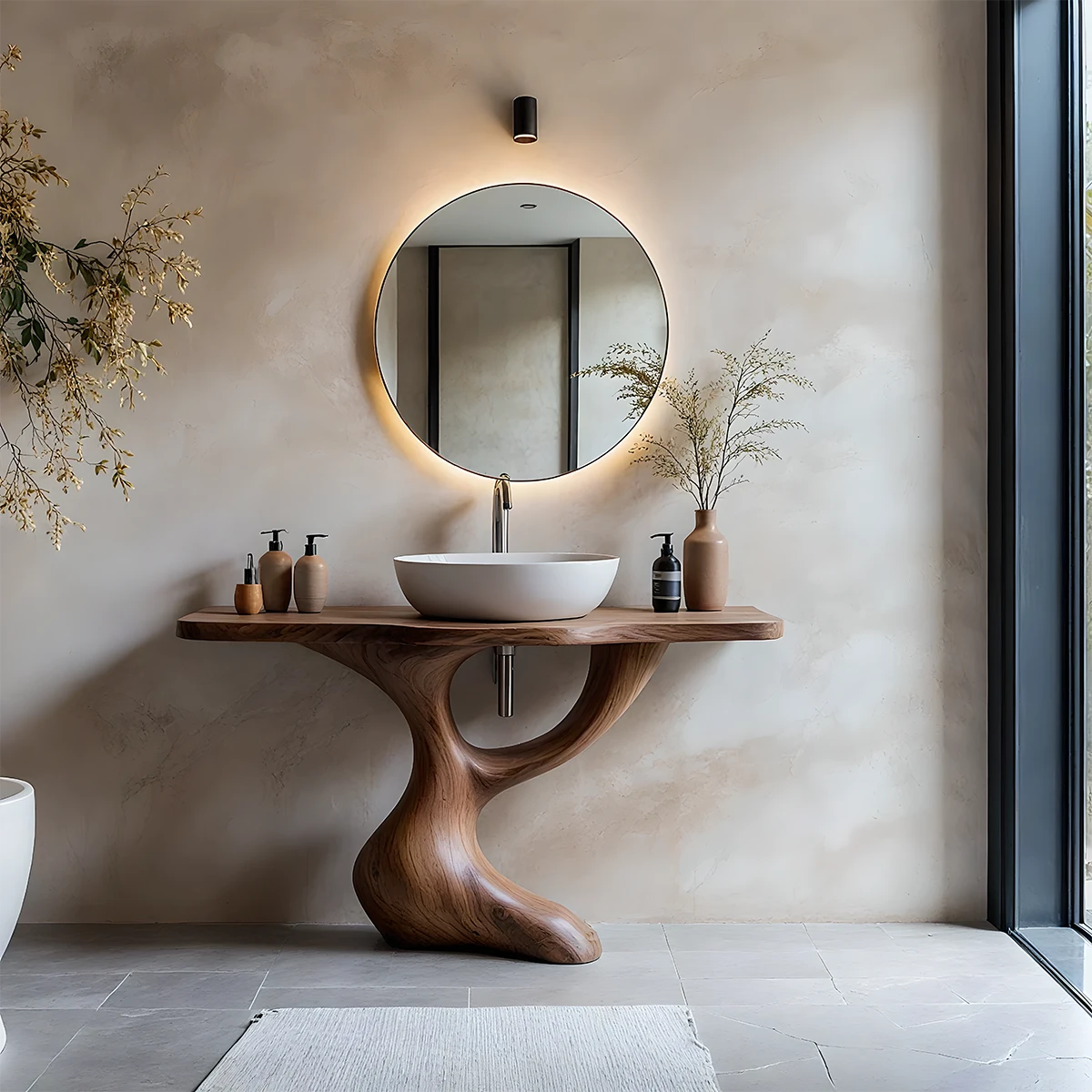 Sculptural Pedestal Wood Vanity – Organic Modern Bathroom Sink Table - Rustira