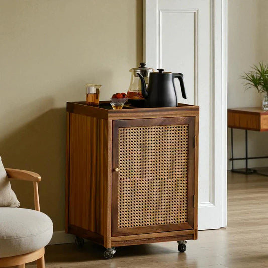 Wooden Tea Cabinet with Rattan Door – Portable Solid Wood