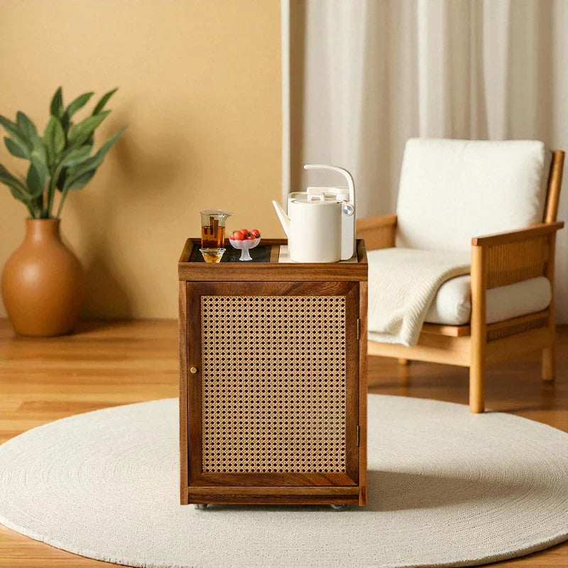 Wooden Tea Cabinet with Rattan Door – Portable Solid Wood
