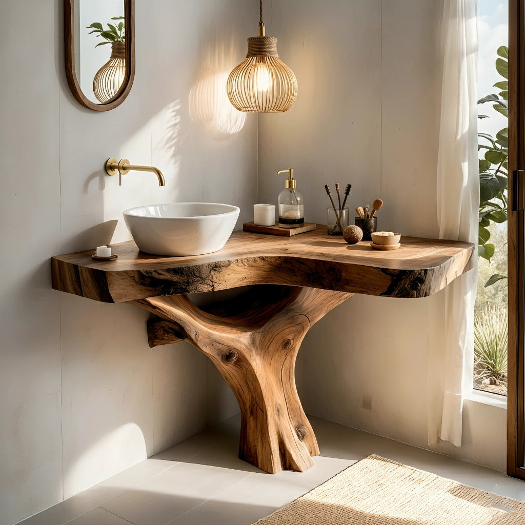 Organic Live Edge Bathroom Vanity With Sculpted Tree-Form Base - Rustira