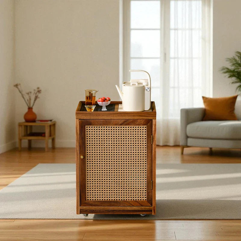 Wooden Tea Cabinet with Rattan Door – Portable Solid Wood