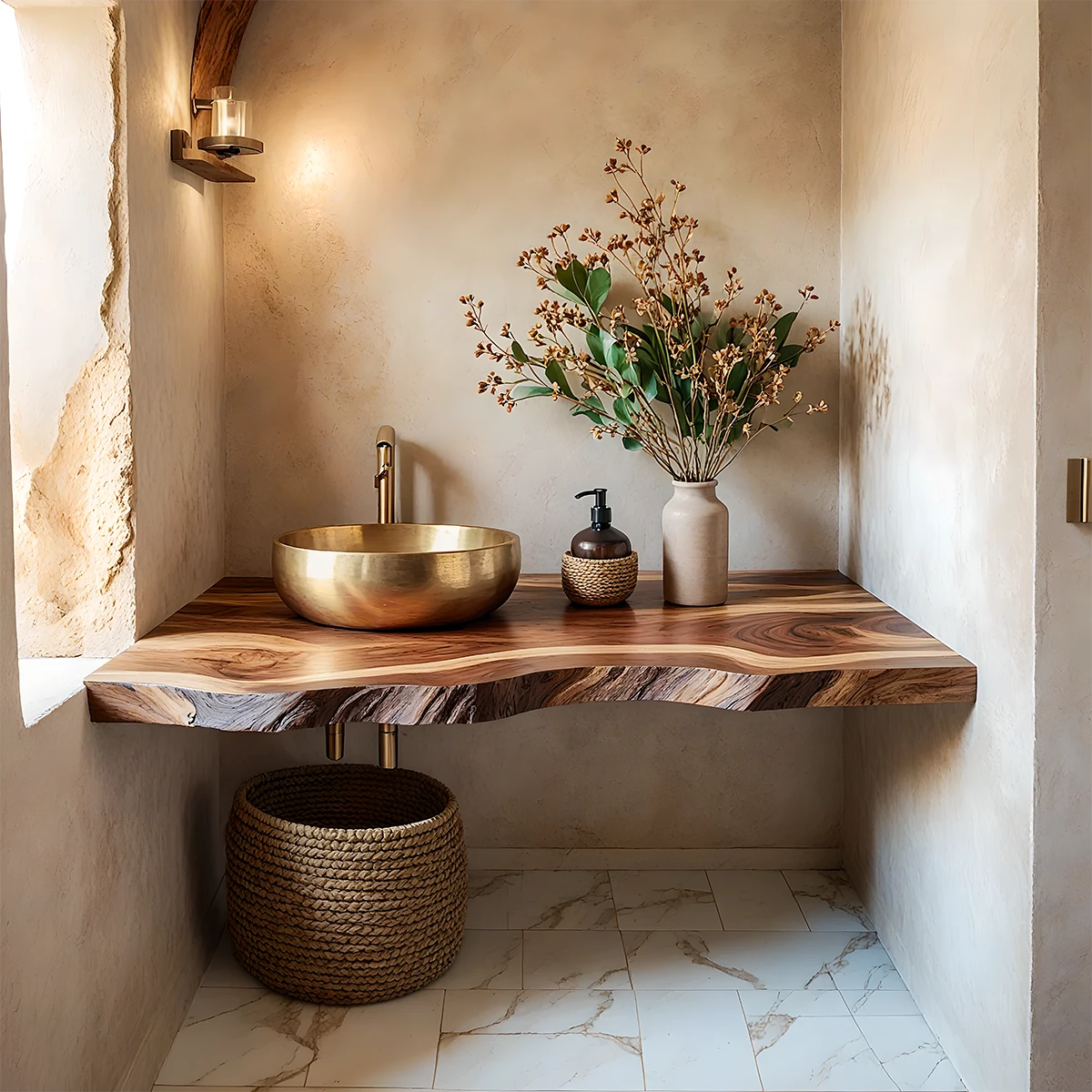 Live Edge Solid Wood Bathroom Vanity Shelf – Custom Floating Slab - Rustira