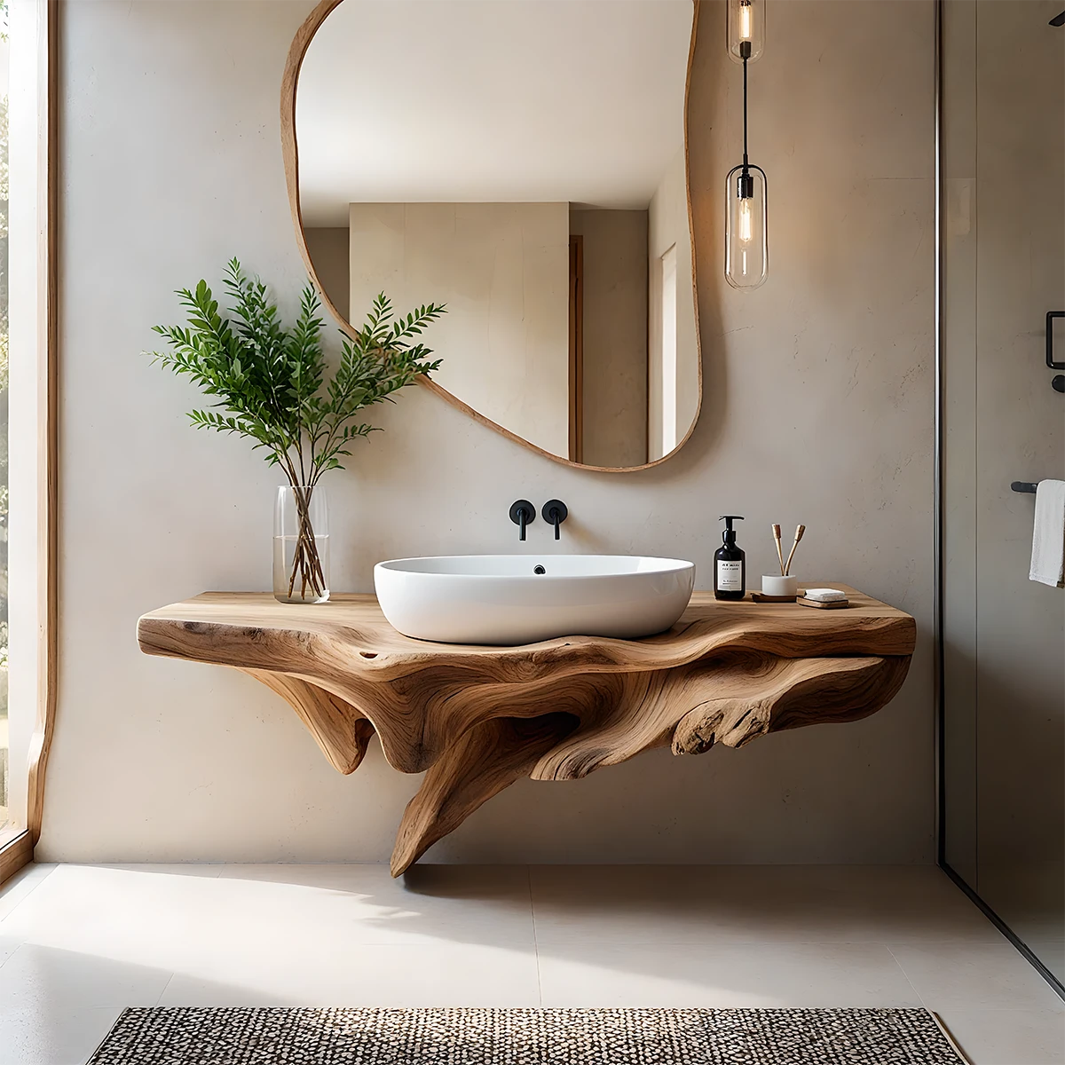 Sculptural Driftwood-Style Live Edge Floating Bathroom Vanity - Rustira