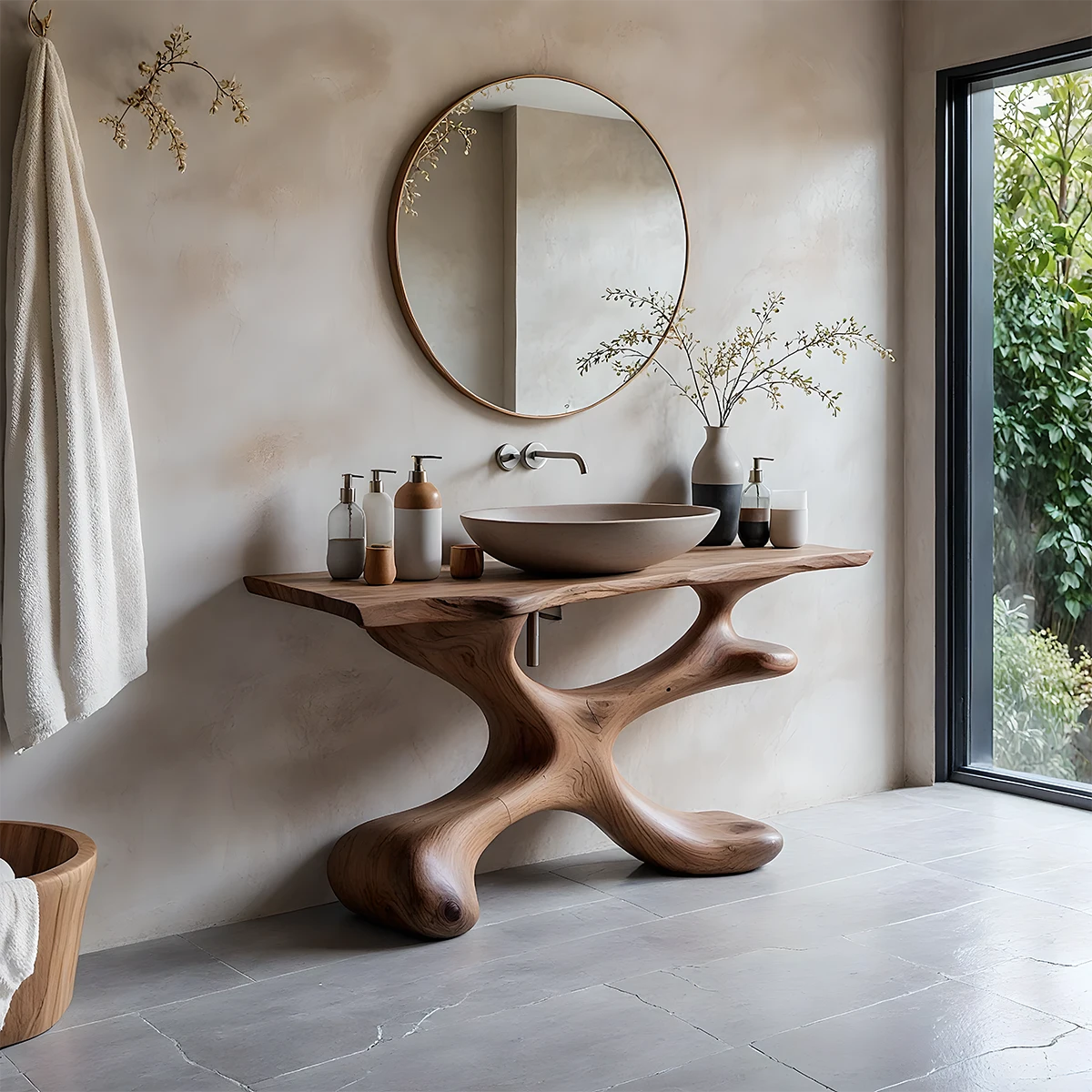 Organic Sculpted Solid Wood Vanity – Modern Biomorphic Bathroom Sink - Rustira