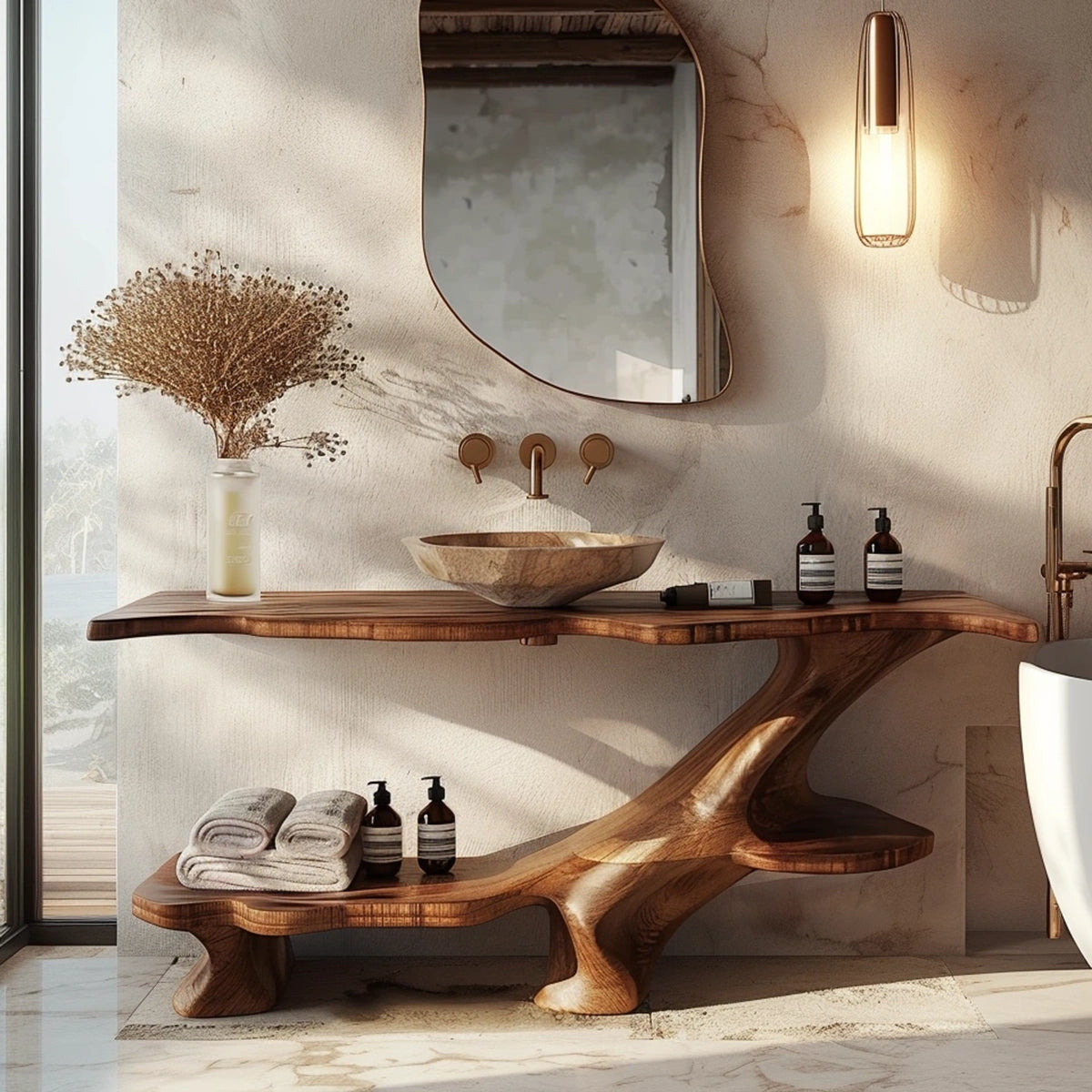 Organic Solid Wood Bathroom Vanity With Sculptural Base & Shelf - Rustira