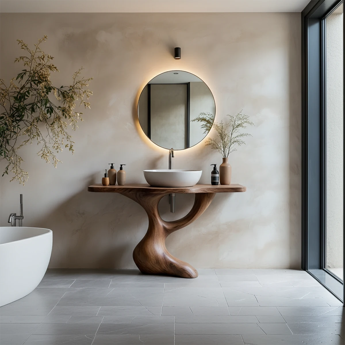 Sculptural Pedestal Wood Vanity – Organic Modern Bathroom Sink Table - Rustira