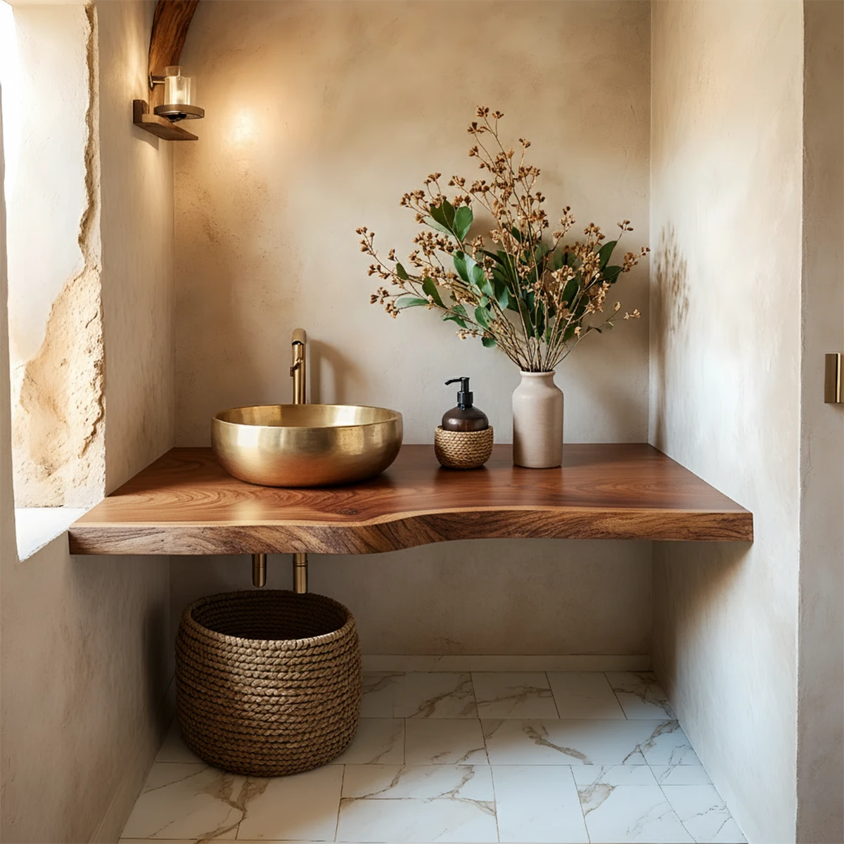 Live Edge Solid Wood Bathroom Vanity Shelf – Custom Floating Slab - Rustira