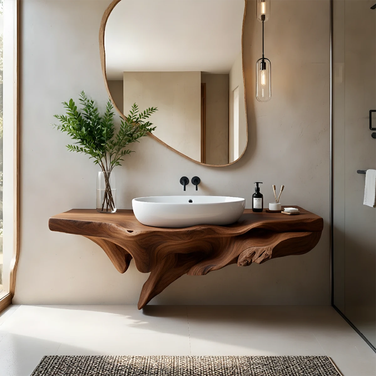Sculptural Driftwood-Style Live Edge Floating Bathroom Vanity - Rustira