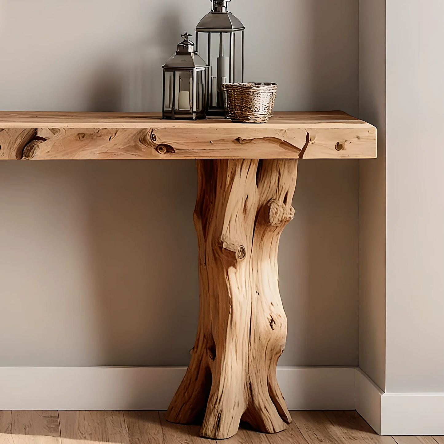 Rustic Home Console Furniture – Artisan Solid Wood with Natural Root Base