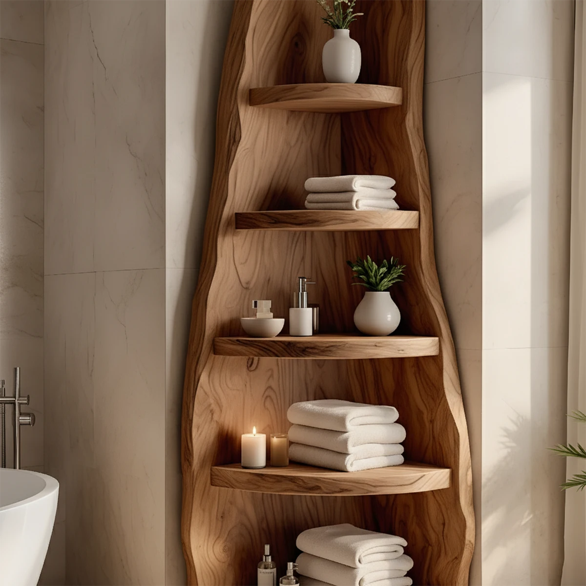 Solid Wood Corner Bathroom Shelf Tower – Live Edge Organic Design - Rustira
