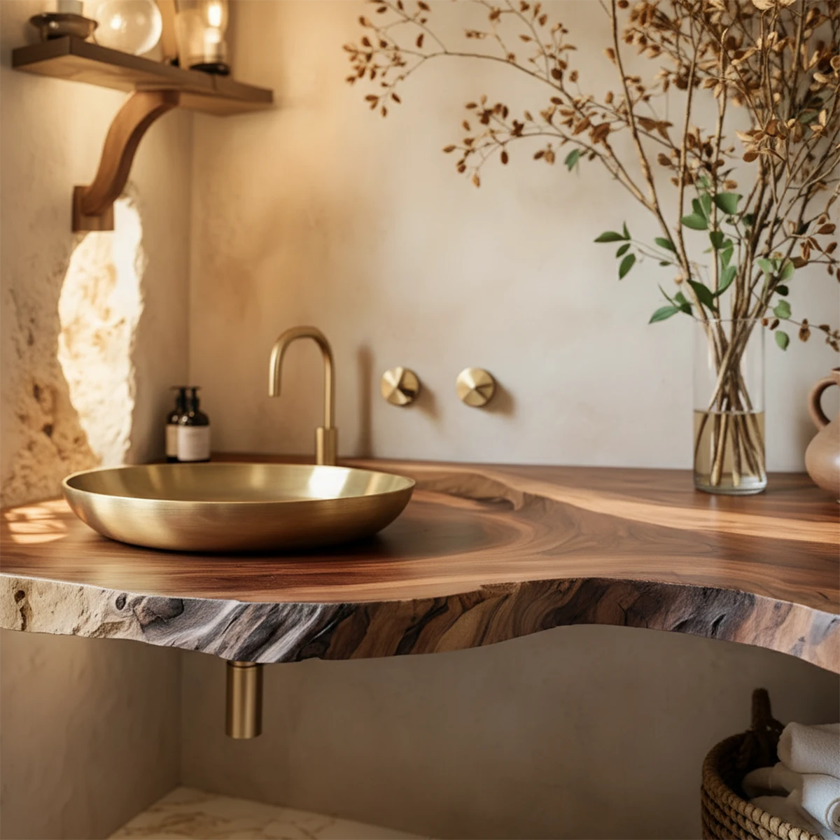 Live Edge Corner Floating Bathroom Vanity — Organic Wabi-Sabi Luxury - Rustira