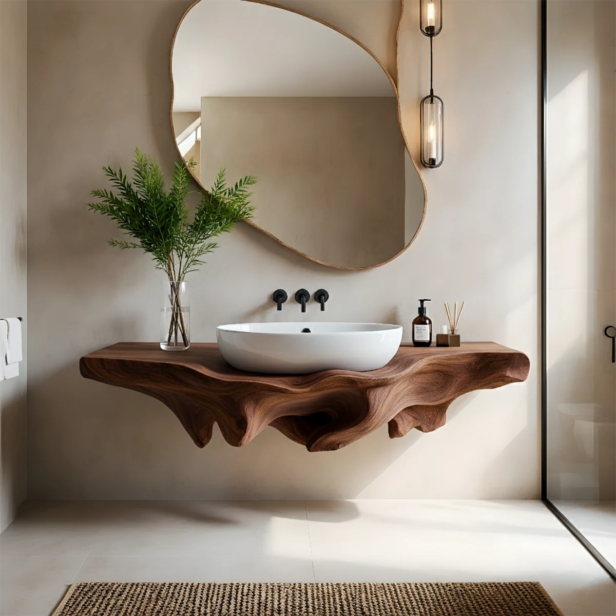 Sculpted Live Edge Floating Wood Bathroom Vanity Shelf - Rustira