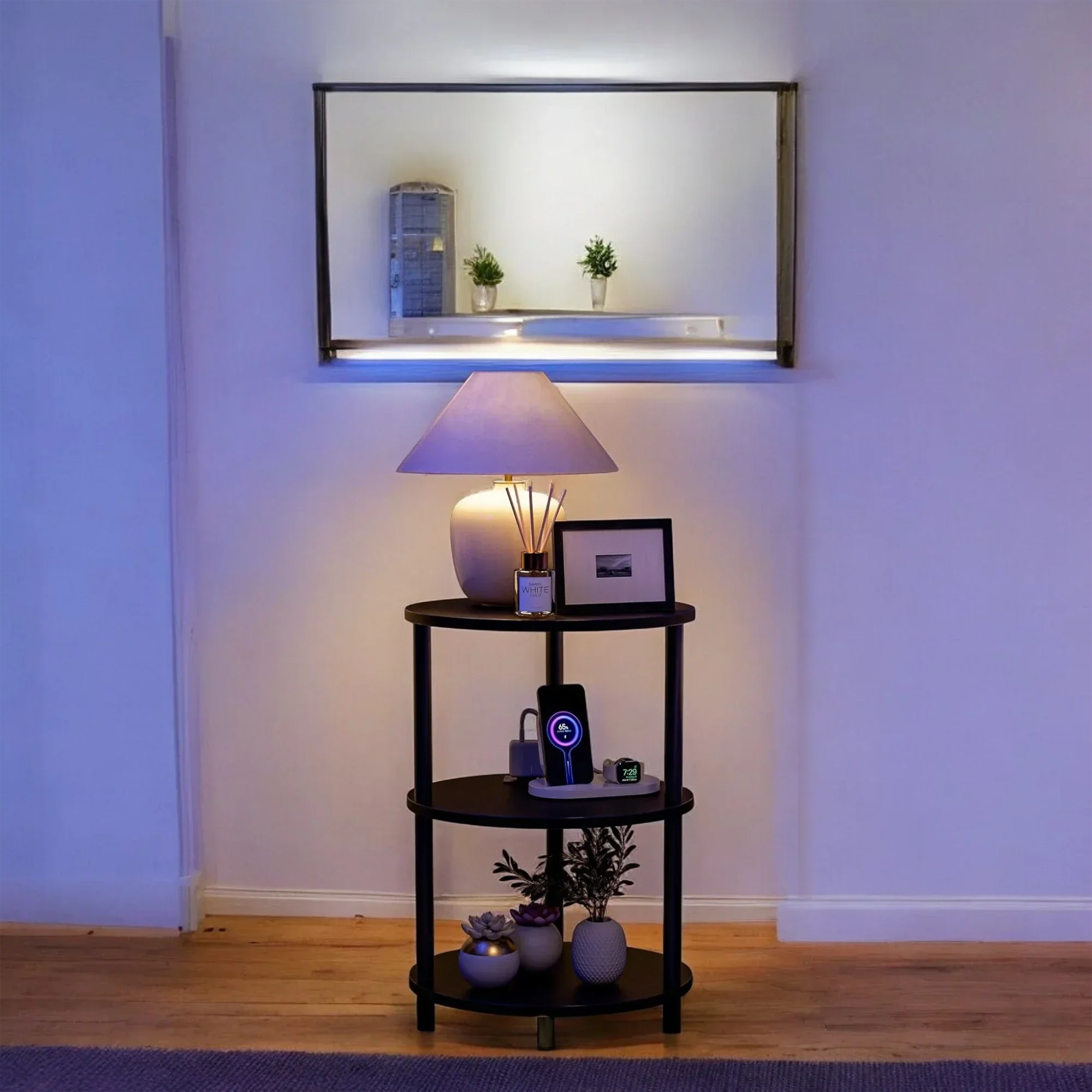 3-Tier Round End Table with Charging Ports – Black Modern Design 