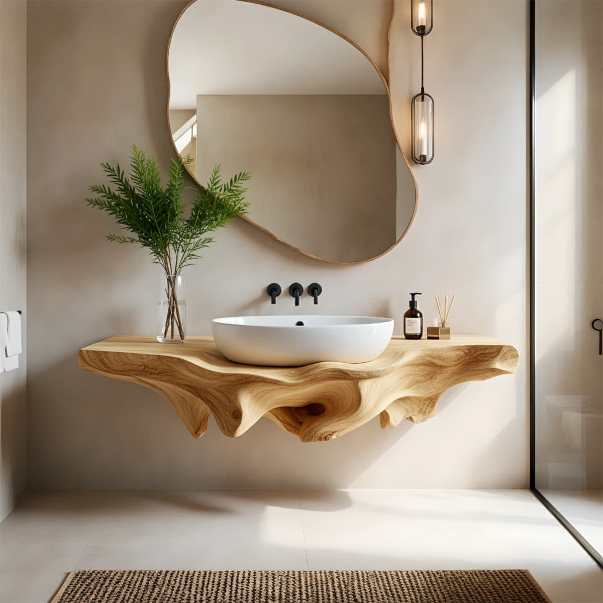 Sculpted Live Edge Floating Wood Bathroom Vanity Shelf - Rustira