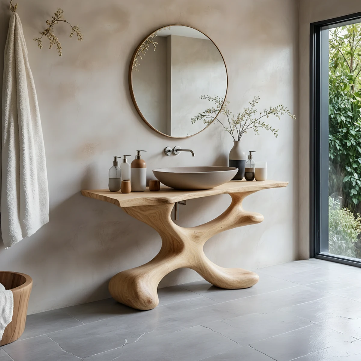 Organic Sculpted Solid Wood Vanity – Modern Biomorphic Bathroom Sink - Rustira