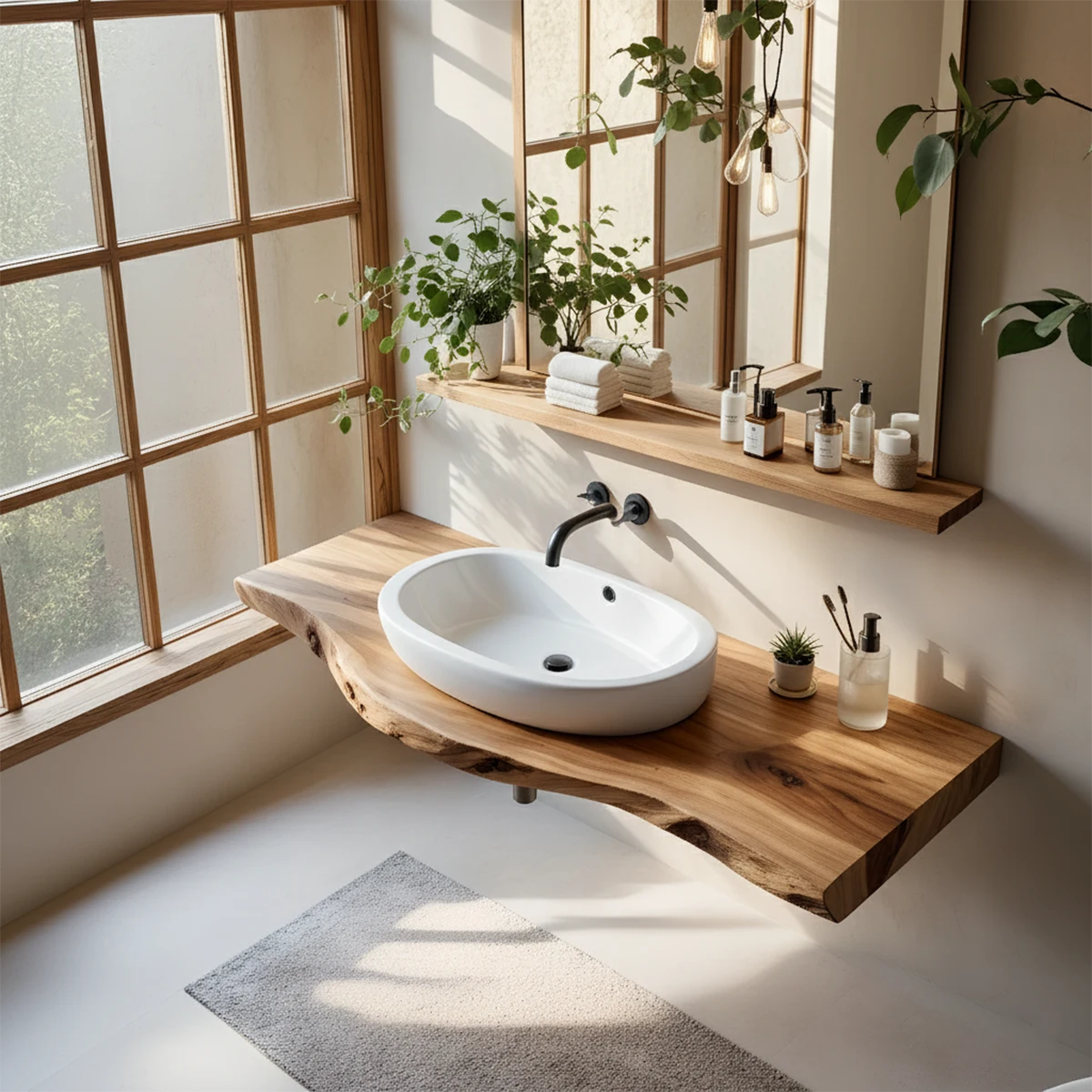 Live Edge Floating Wood Bathroom Vanity Shelf – Natural Solid Wood - Rustira