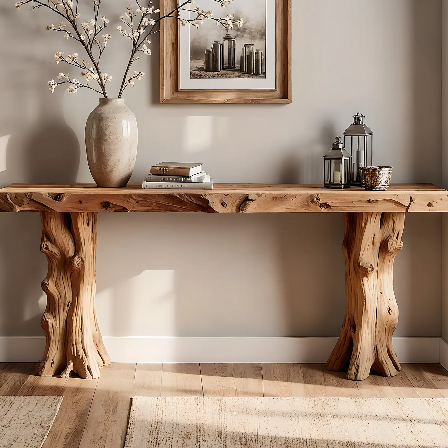 Rustic Home Console Furniture – Artisan Solid Wood with Natural Root Base