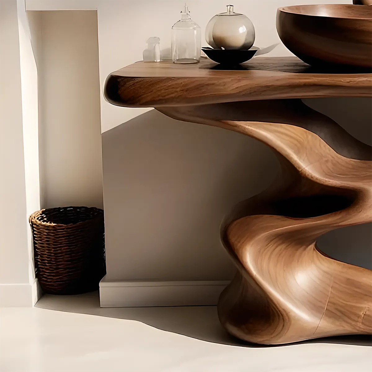 FlowForm Vanity – Sculpted Organic Solid Wood Bathroom - Rustira