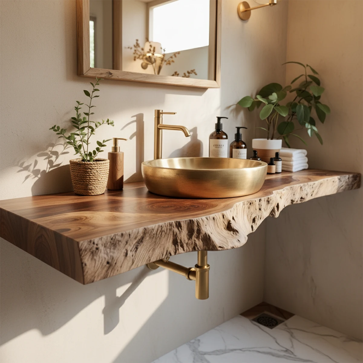 Live Edge Solid Wood Bathroom Vanity Shelf | Organic Natural Design - Rustira