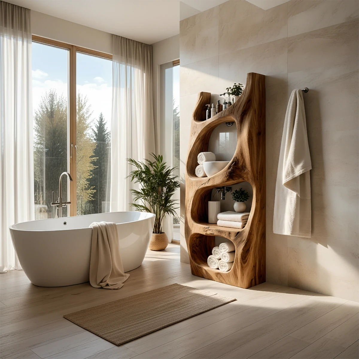 Organic Live Edge Solid Wood Bathroom Shelf Tower – Sculptural Storage - Rustira