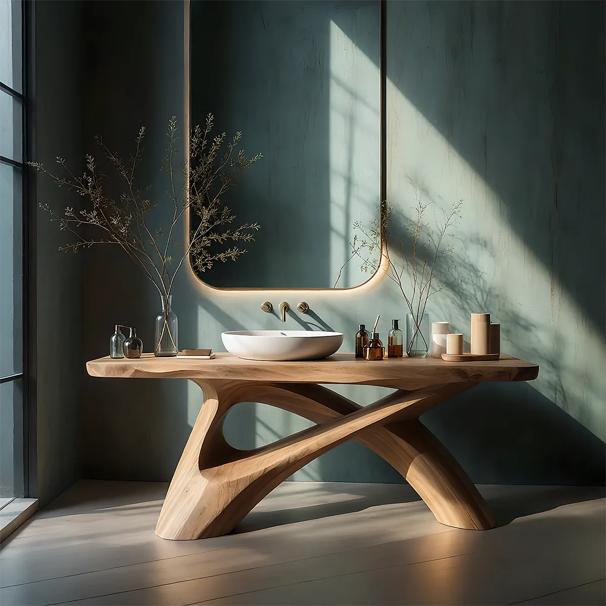 FlowForm Vanity – Modern Sculpted Solid Wood Bathroom Console - Rustira