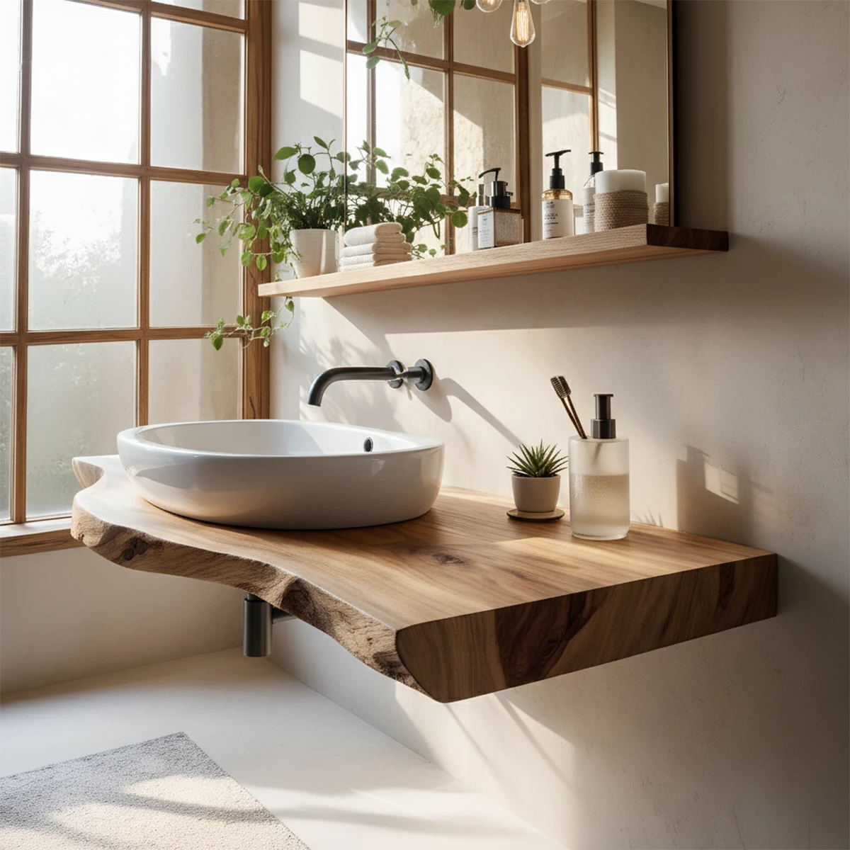 Live Edge Floating Wood Bathroom Vanity Shelf – Natural Solid Wood - Rustira