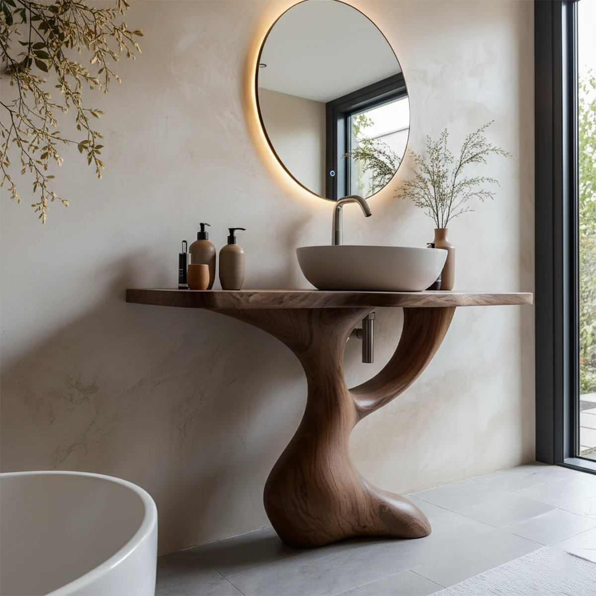 Sculptural Pedestal Wood Vanity – Organic Modern Bathroom Sink Table - Rustira