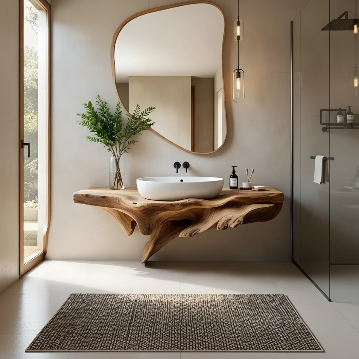 Sculptural Driftwood-Style Live Edge Floating Bathroom Vanity - Rustira