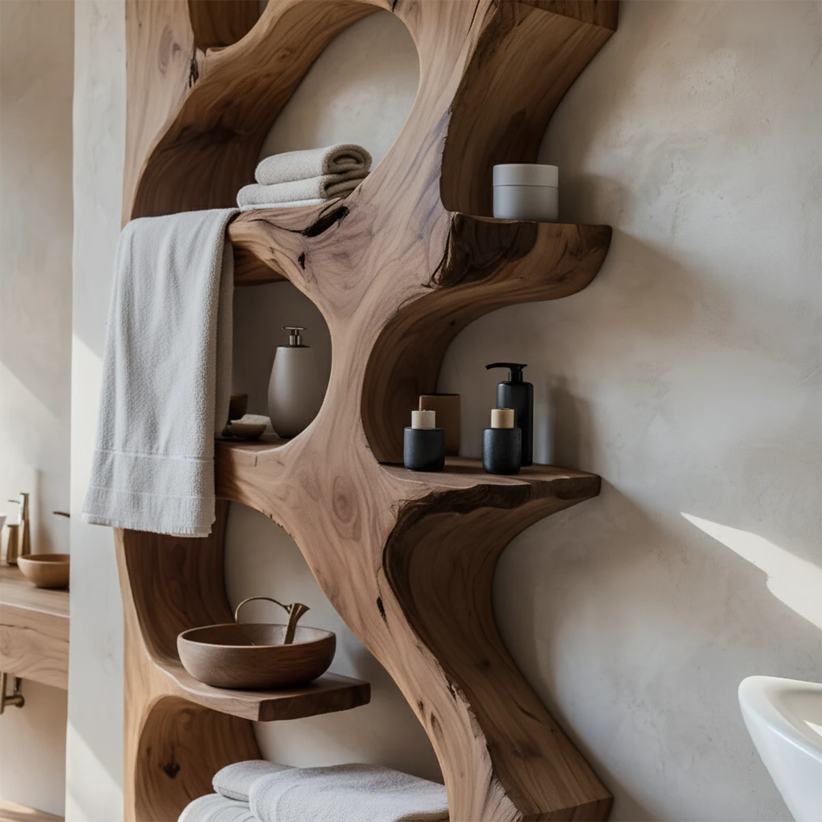 Organic Solid Wood Floating Bathroom Shelf — Sculpted Live Edge - Rustira