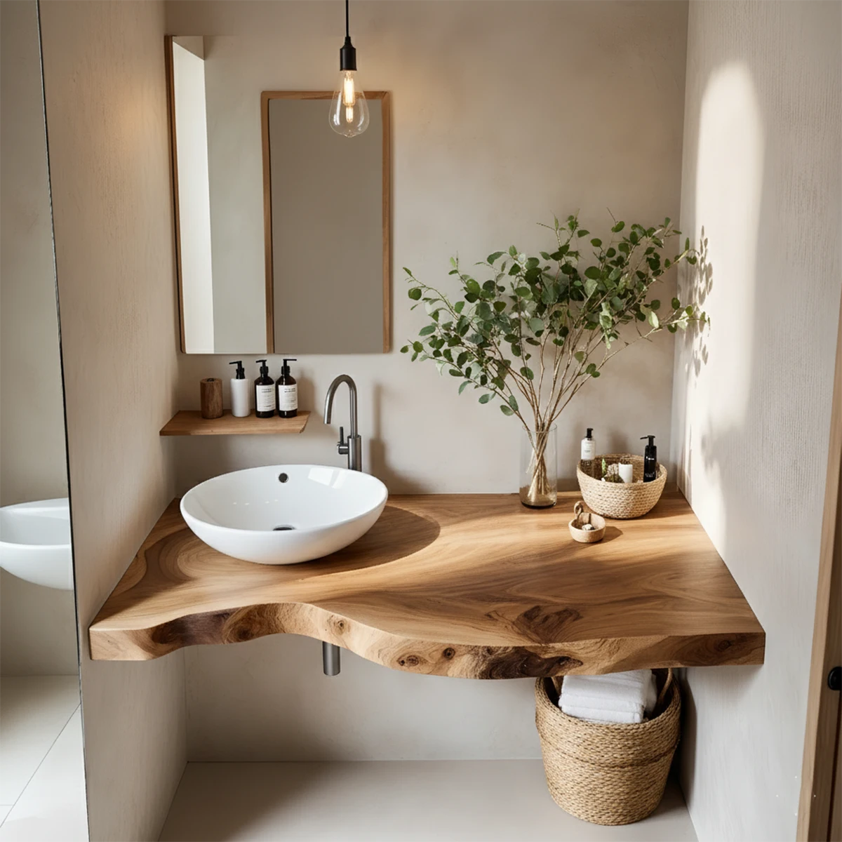 Live Edge Floating Wood Bathroom Vanity Countertop – Minimal Organic Design - Rustira