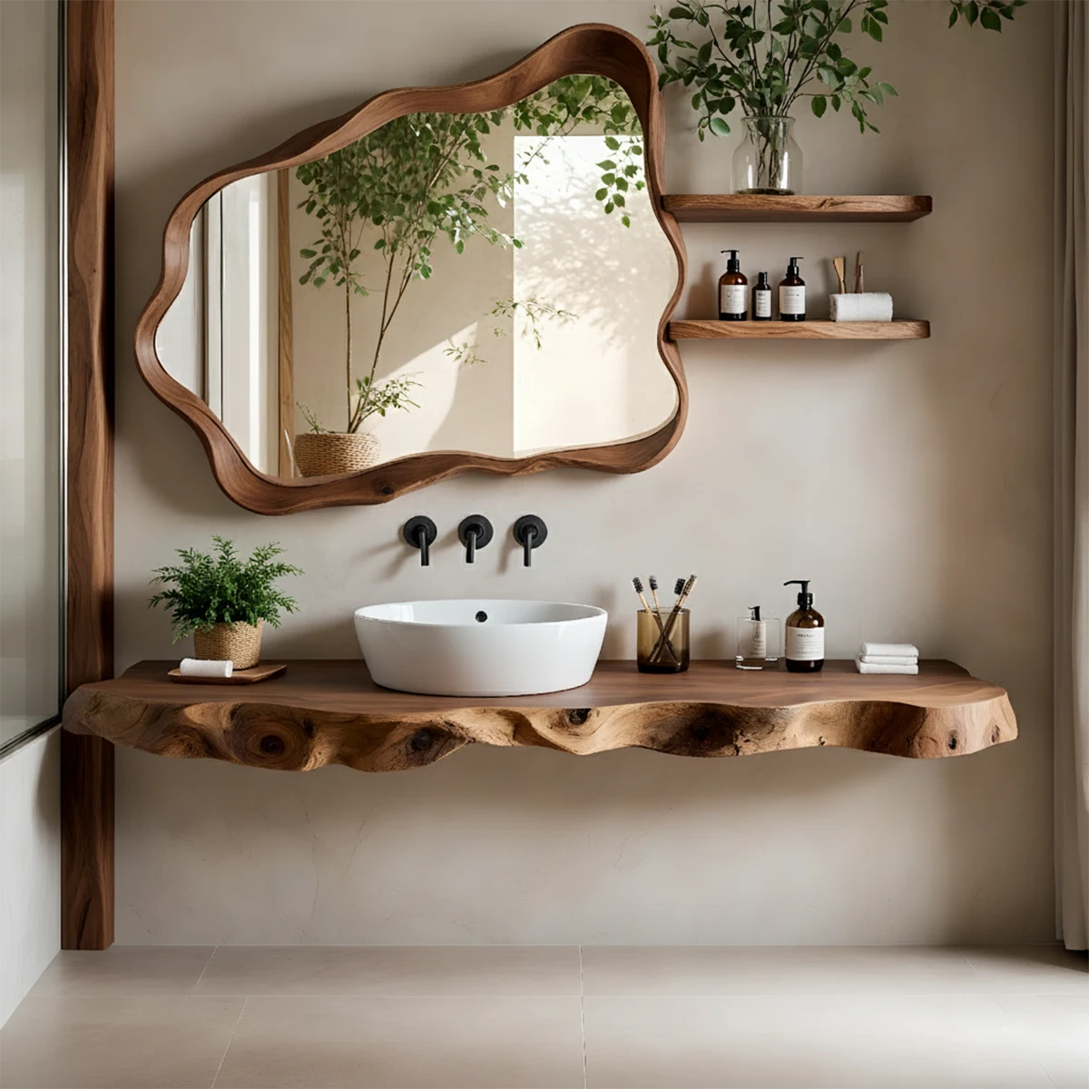 Live Edge Floating Wood Bathroom Vanity with Organic Mirror Frame - Rustira