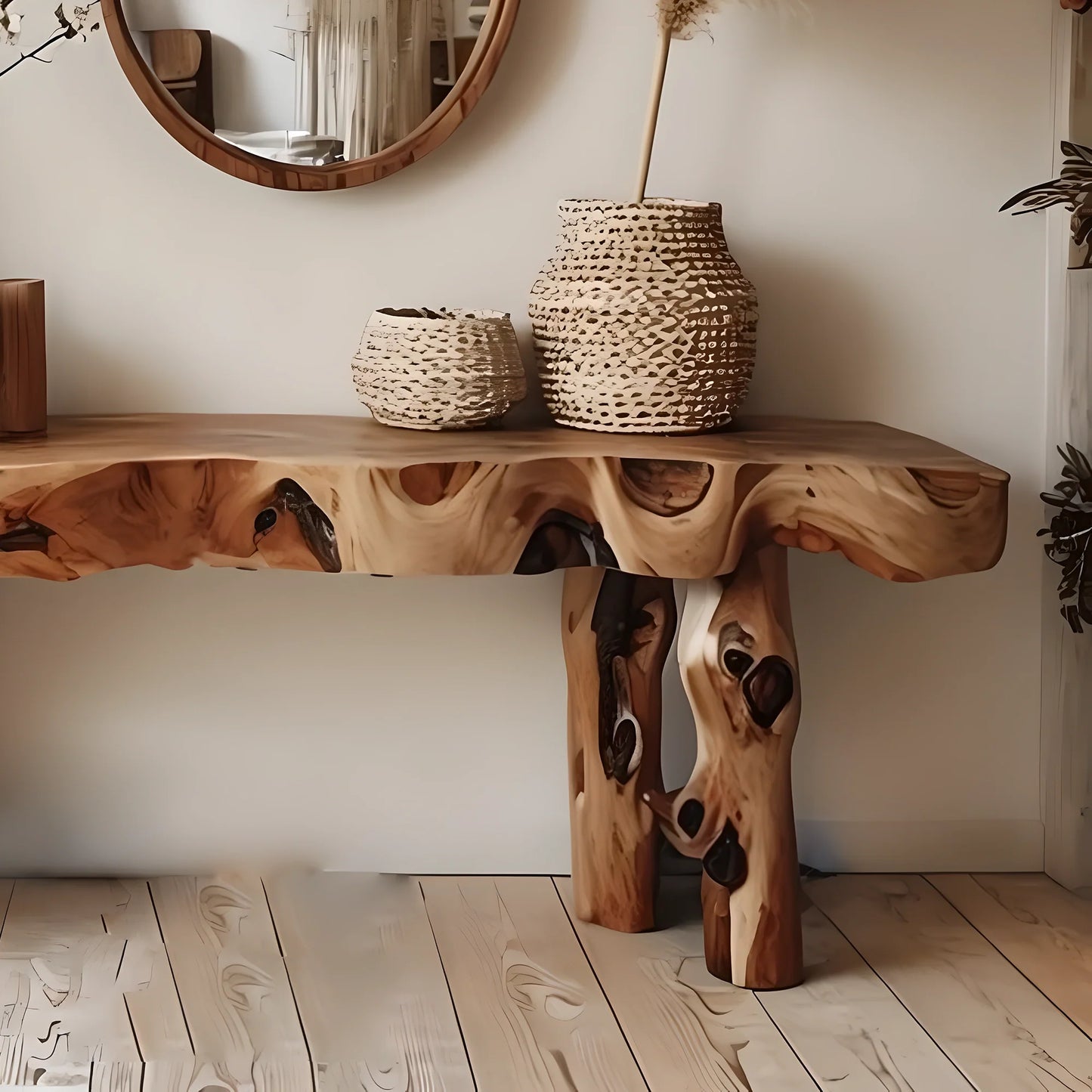 Solid natural wood entryway table decoration