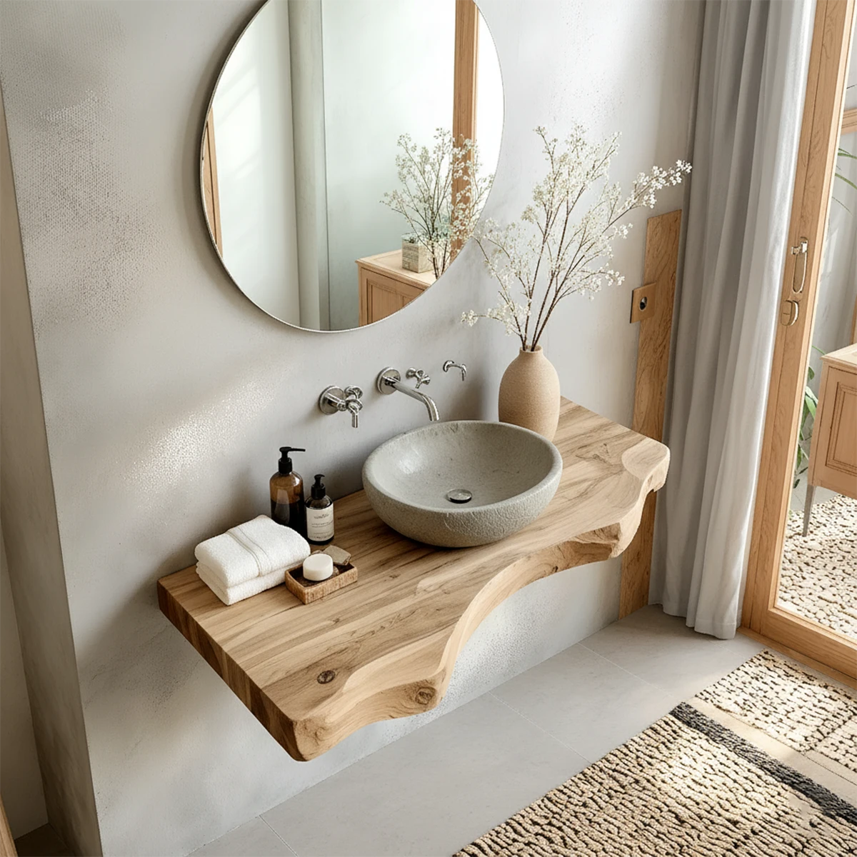 Live Edge Solid Wood Bathroom Vanity – Japandi Floating Sink Shelf - Rustira