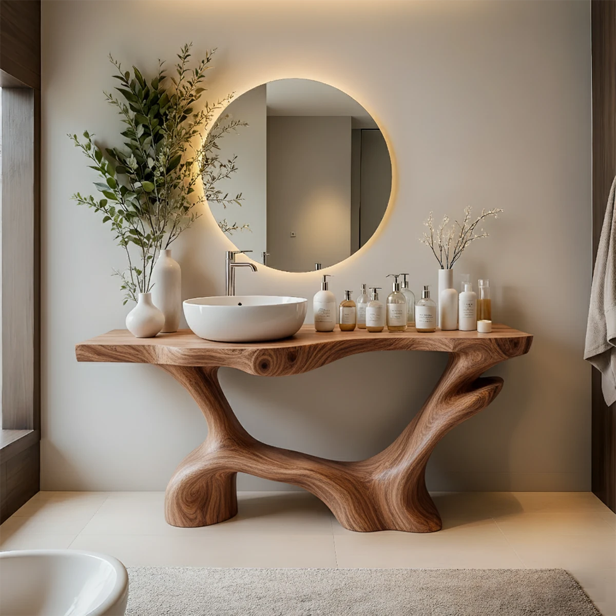 Double-Sculpted Wood Pedestal Vanity – Organic Modern Bathroom Sink Table - Rustira