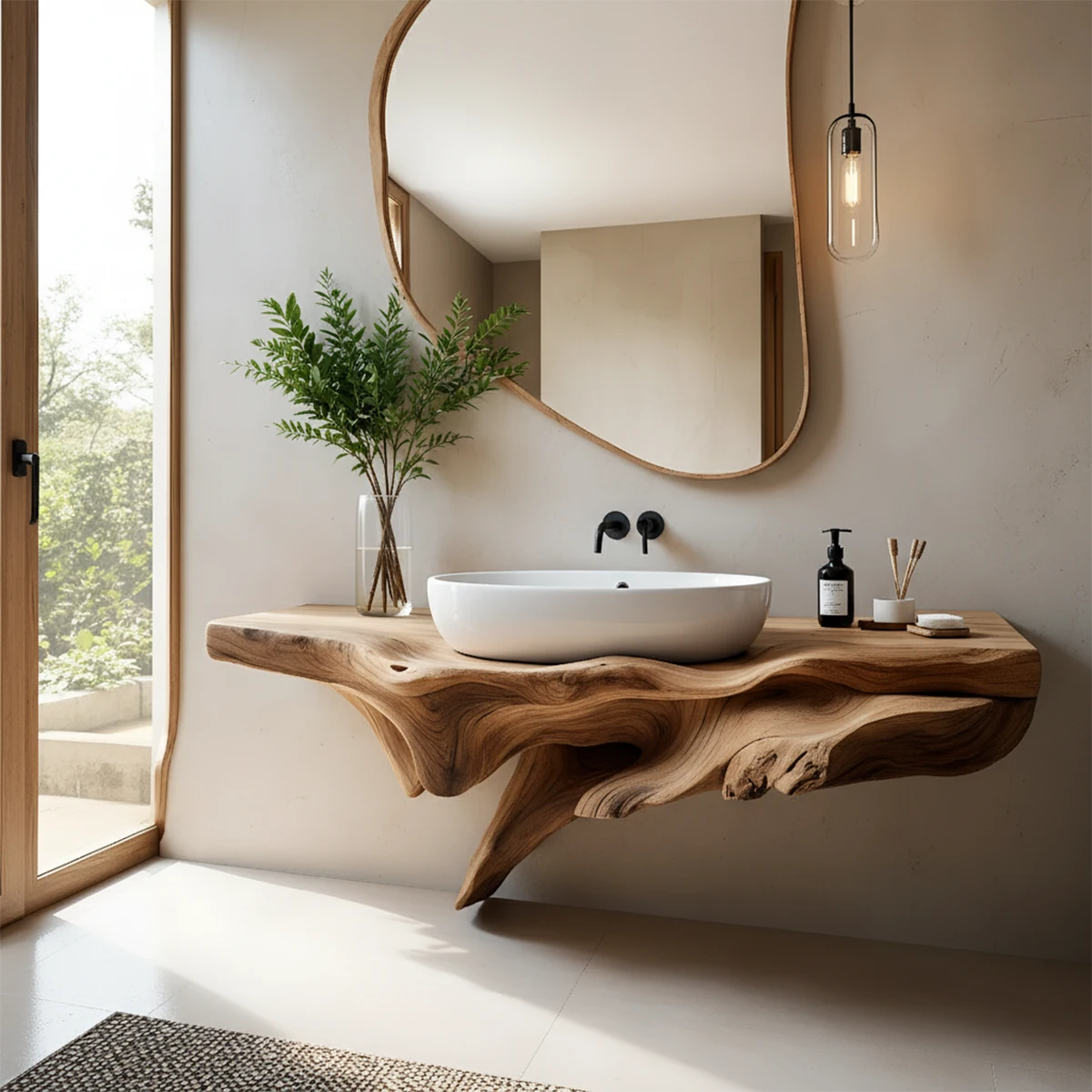 Sculptural Driftwood-Style Live Edge Floating Bathroom Vanity - Rustira