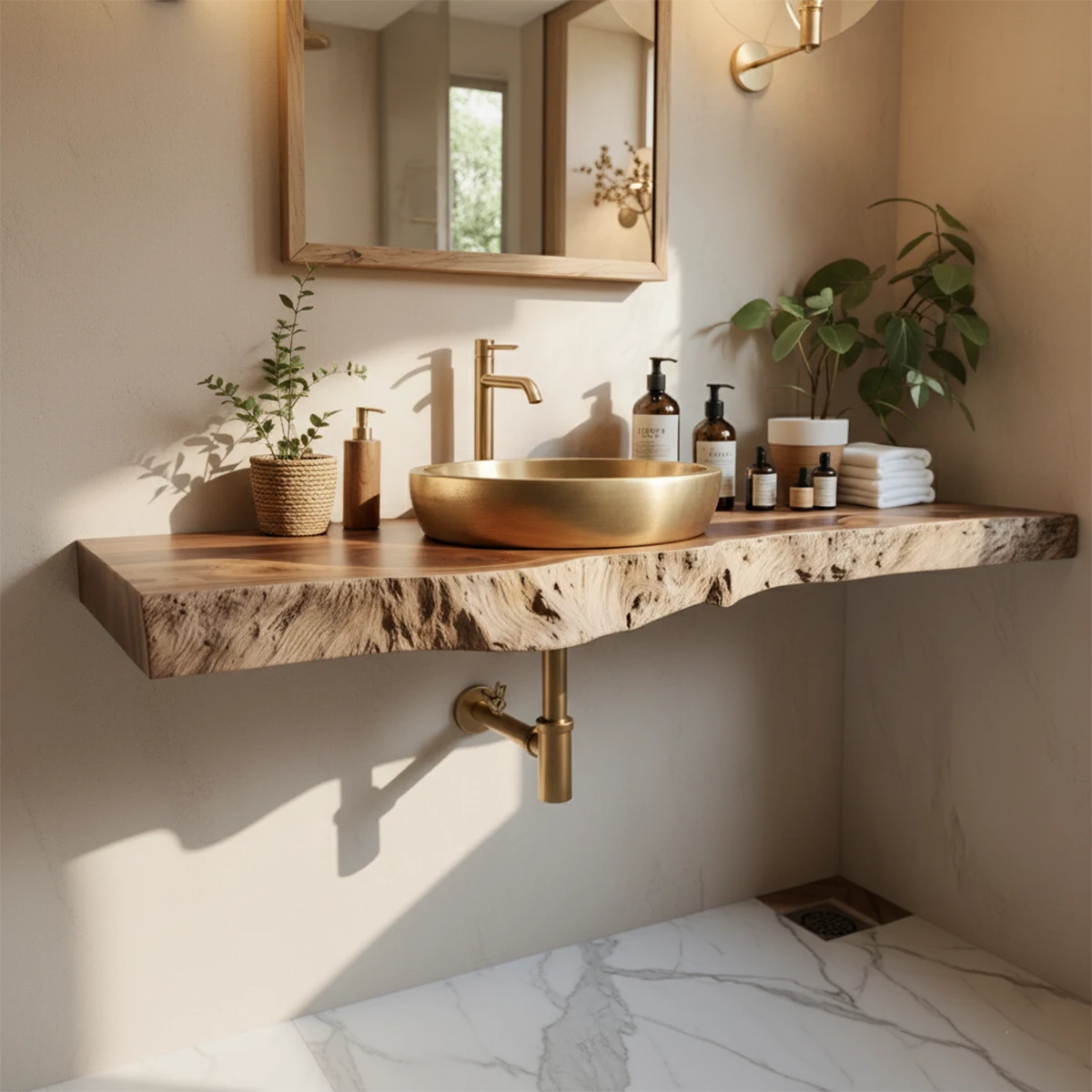 Live Edge Solid Wood Bathroom Vanity Shelf | Organic Natural Design - Rustira