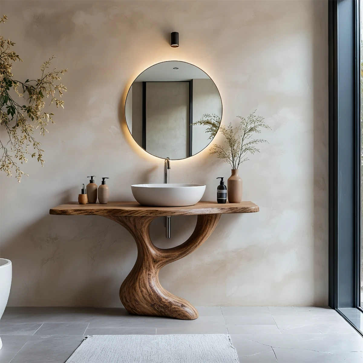 Sculptural Pedestal Wood Vanity – Organic Modern Bathroom Sink Table - Rustira