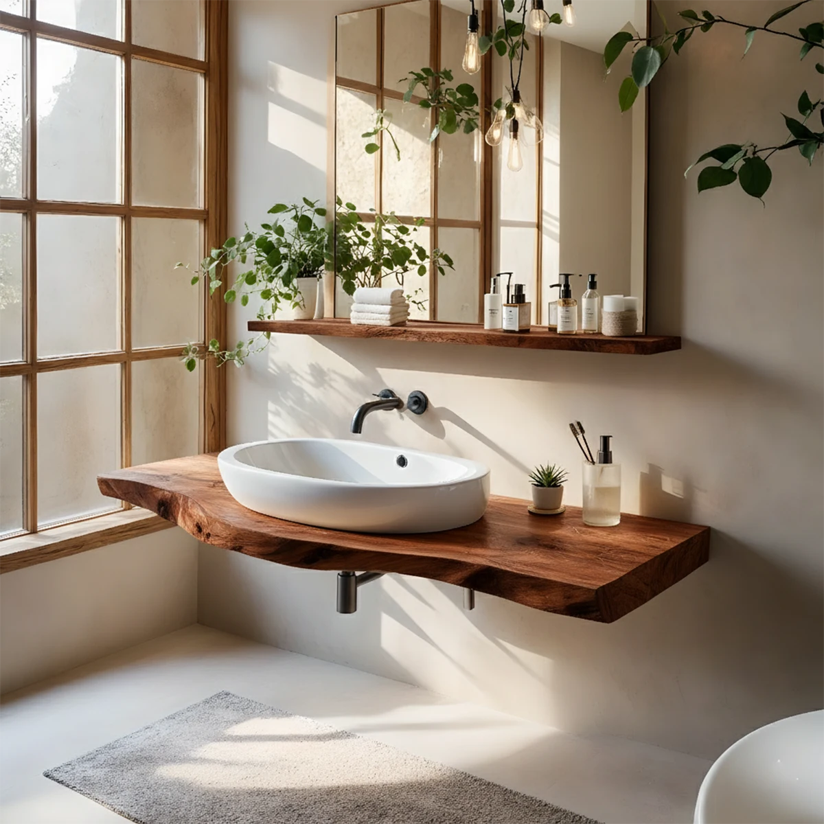 Live Edge Floating Wood Bathroom Vanity Shelf – Natural Solid Wood - Rustira