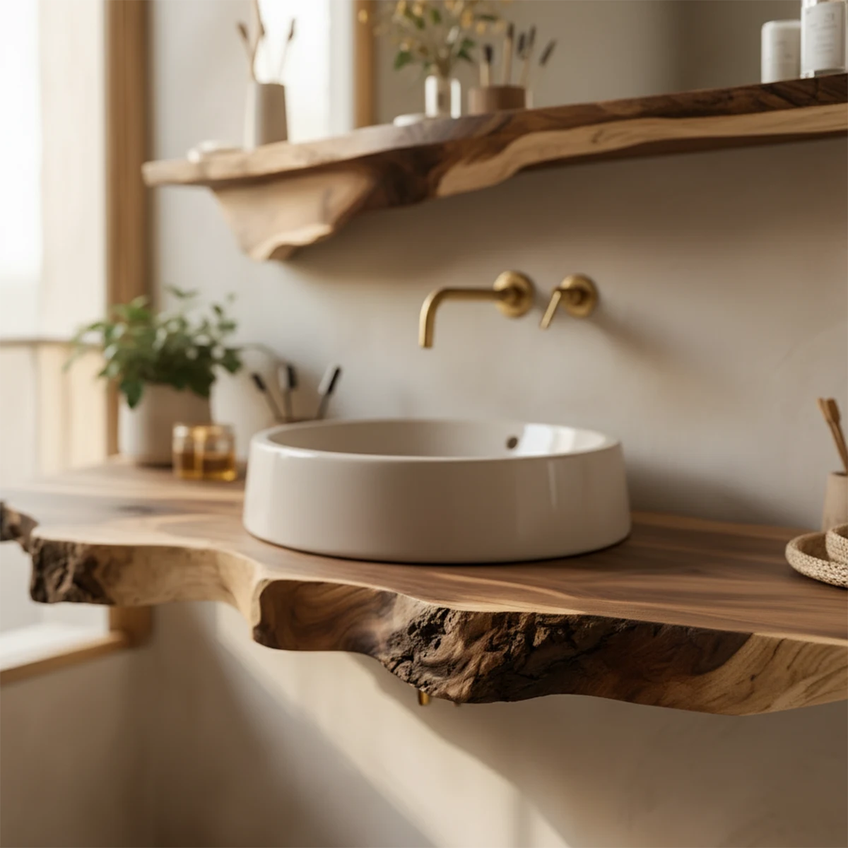 Live Edge Floating Wood Bathroom Vanity with Mirror Shelf - Rustira