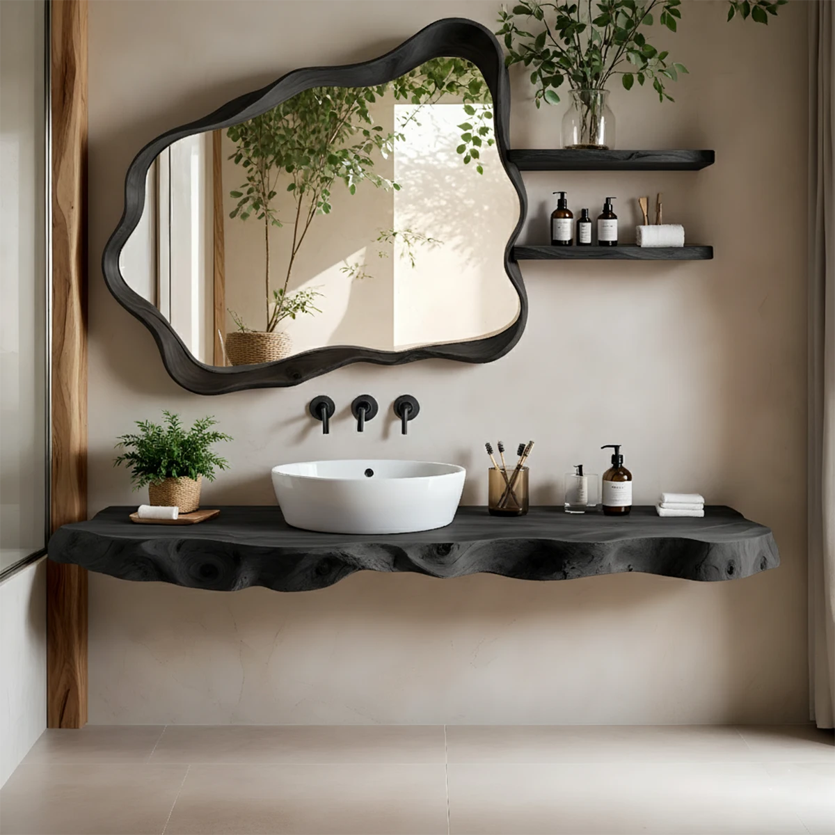 Live Edge Floating Wood Bathroom Vanity with Organic Mirror Frame - Rustira