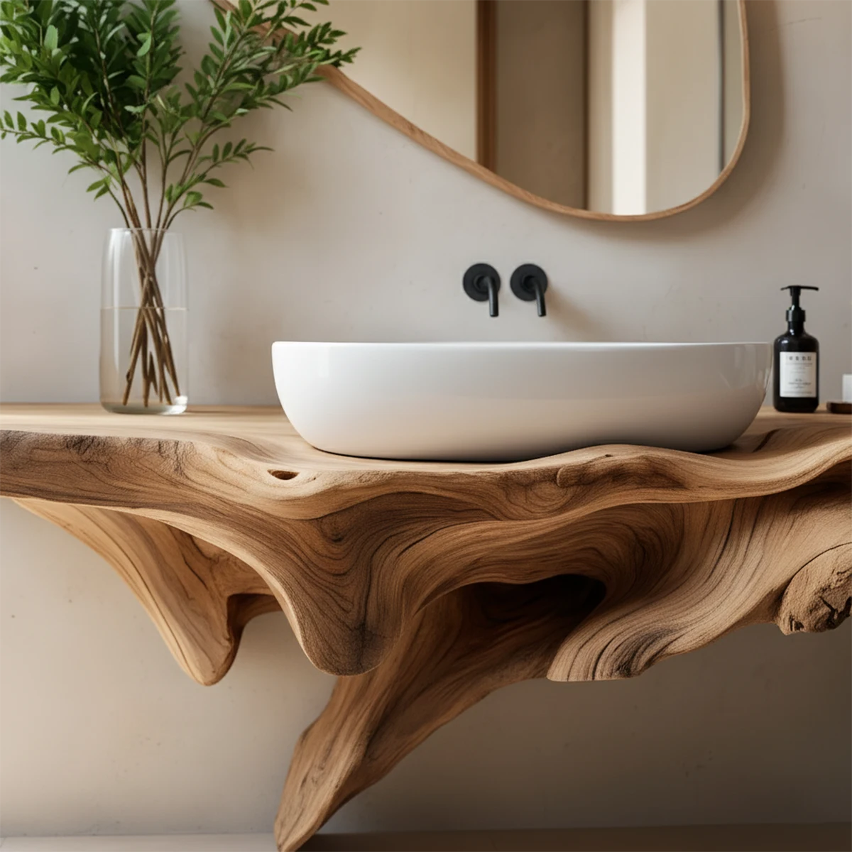 Sculptural Driftwood-Style Live Edge Floating Bathroom Vanity - Rustira