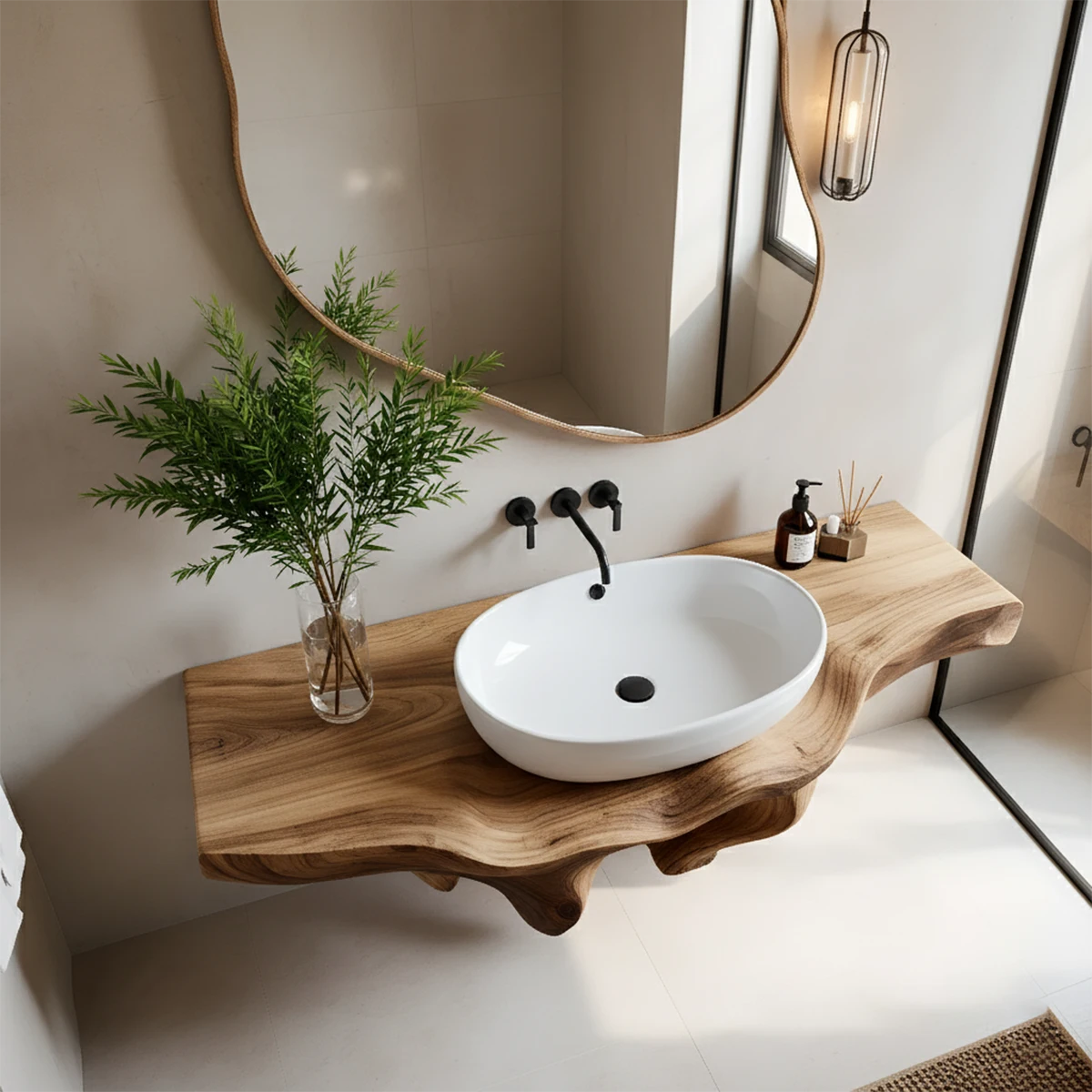 Sculpted Live Edge Floating Wood Bathroom Vanity Shelf - Rustira