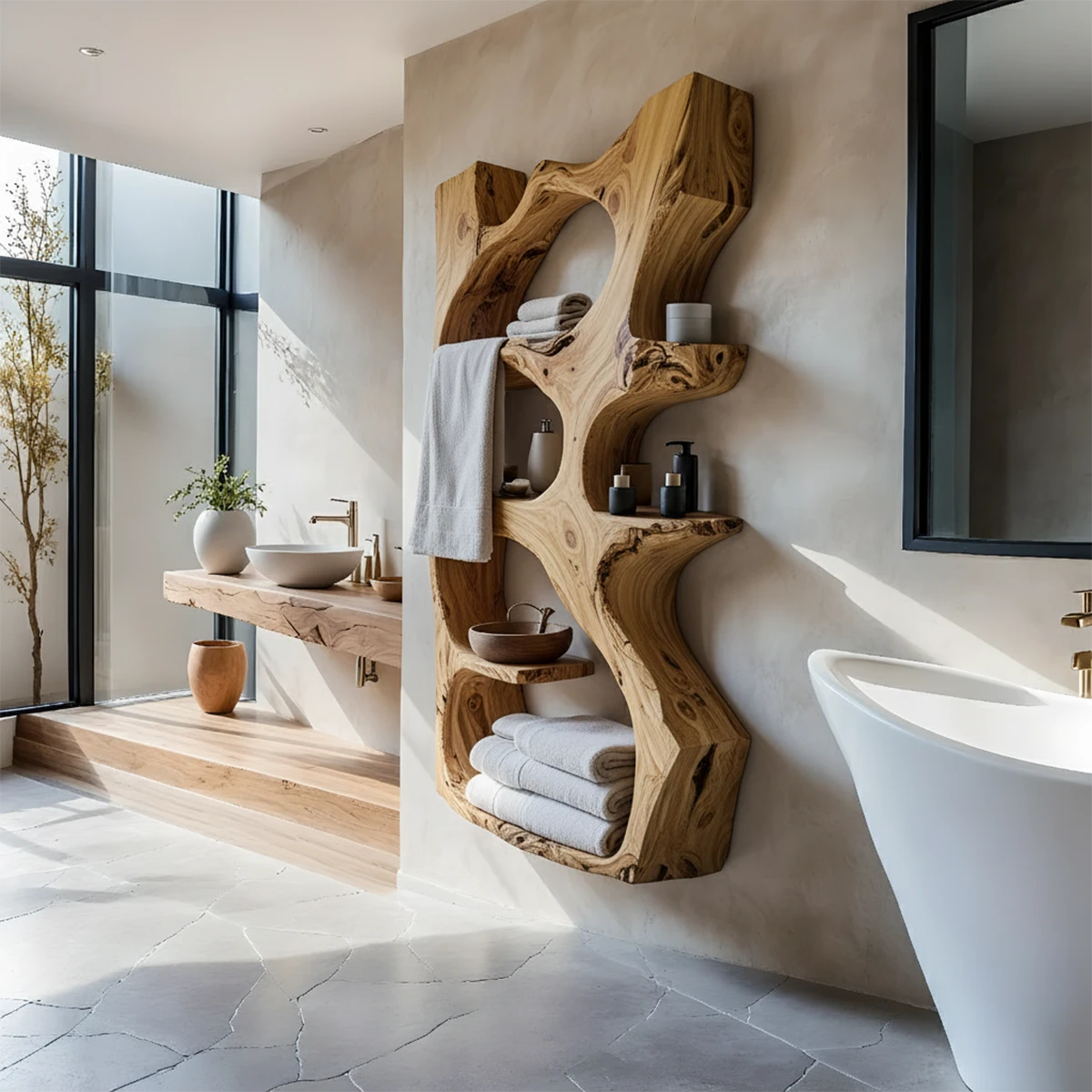 Organic Solid Wood Floating Bathroom Shelf — Sculpted Live Edge - Rustira