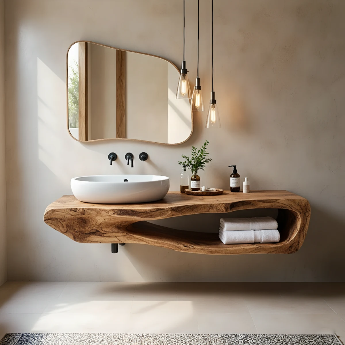 Organic Solid Wood Floating Bathroom Vanity With Open Shelf - Rustira