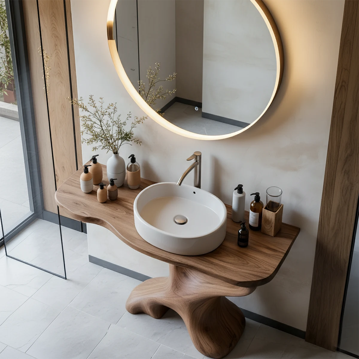 Sculptural Solid Wood Pedestal Vanity – Organic Modern Bathroom Sink Stand - Rustira