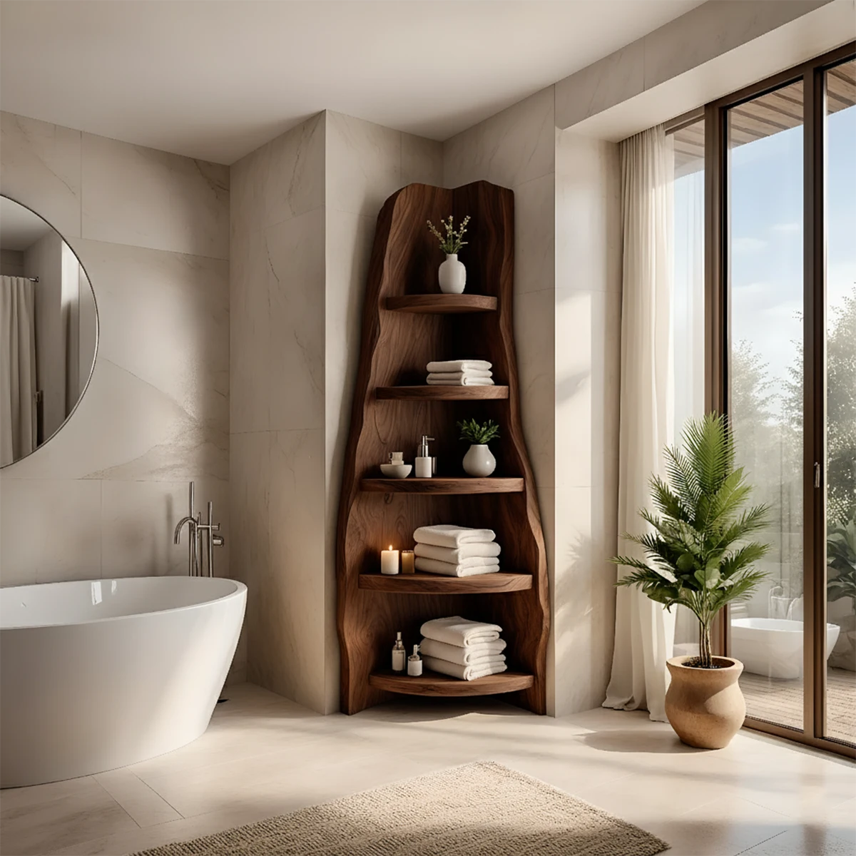 Solid Wood Corner Bathroom Shelf Tower – Live Edge Organic Design - Rustira