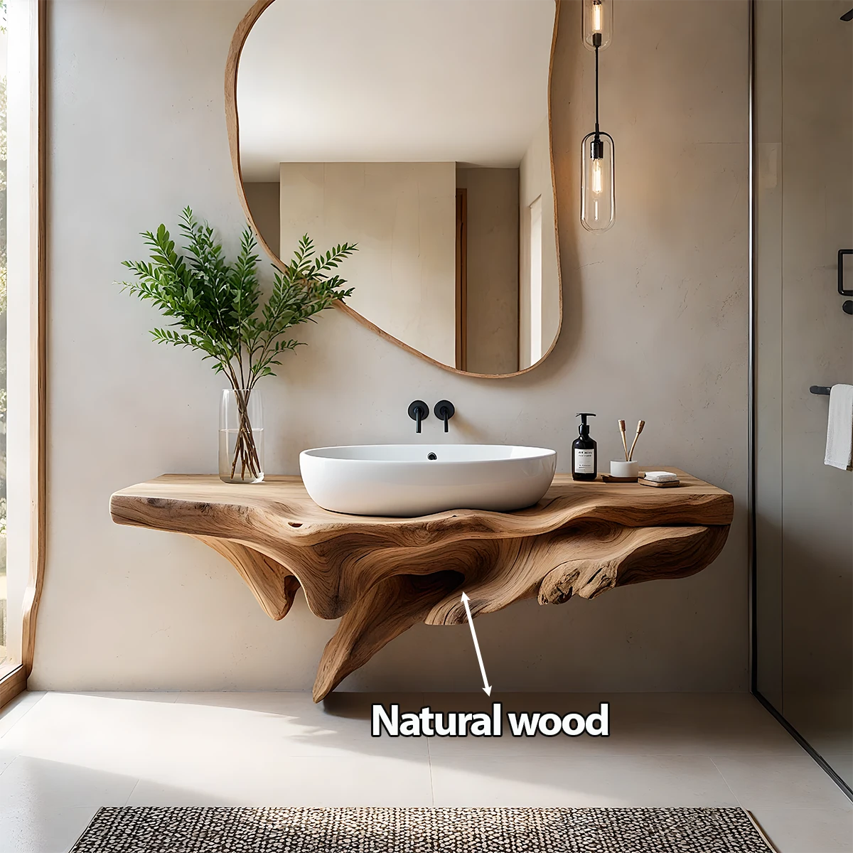 Sculptural Driftwood-Style Live Edge Floating Bathroom Vanity - Rustira