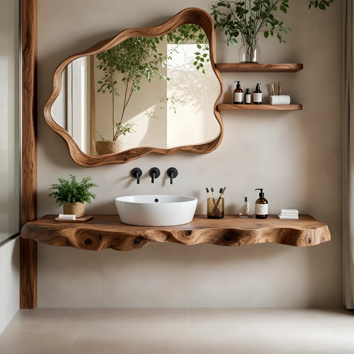 Live Edge Floating Wood Bathroom Vanity with Organic Mirror Frame - Rustira