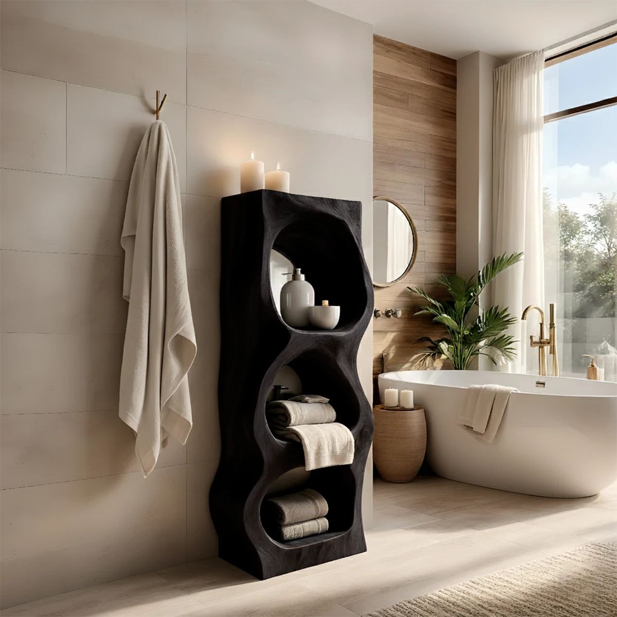 Live Edge Solid Wood Bathroom Storage Tower – Organic Carved Design - Rustira