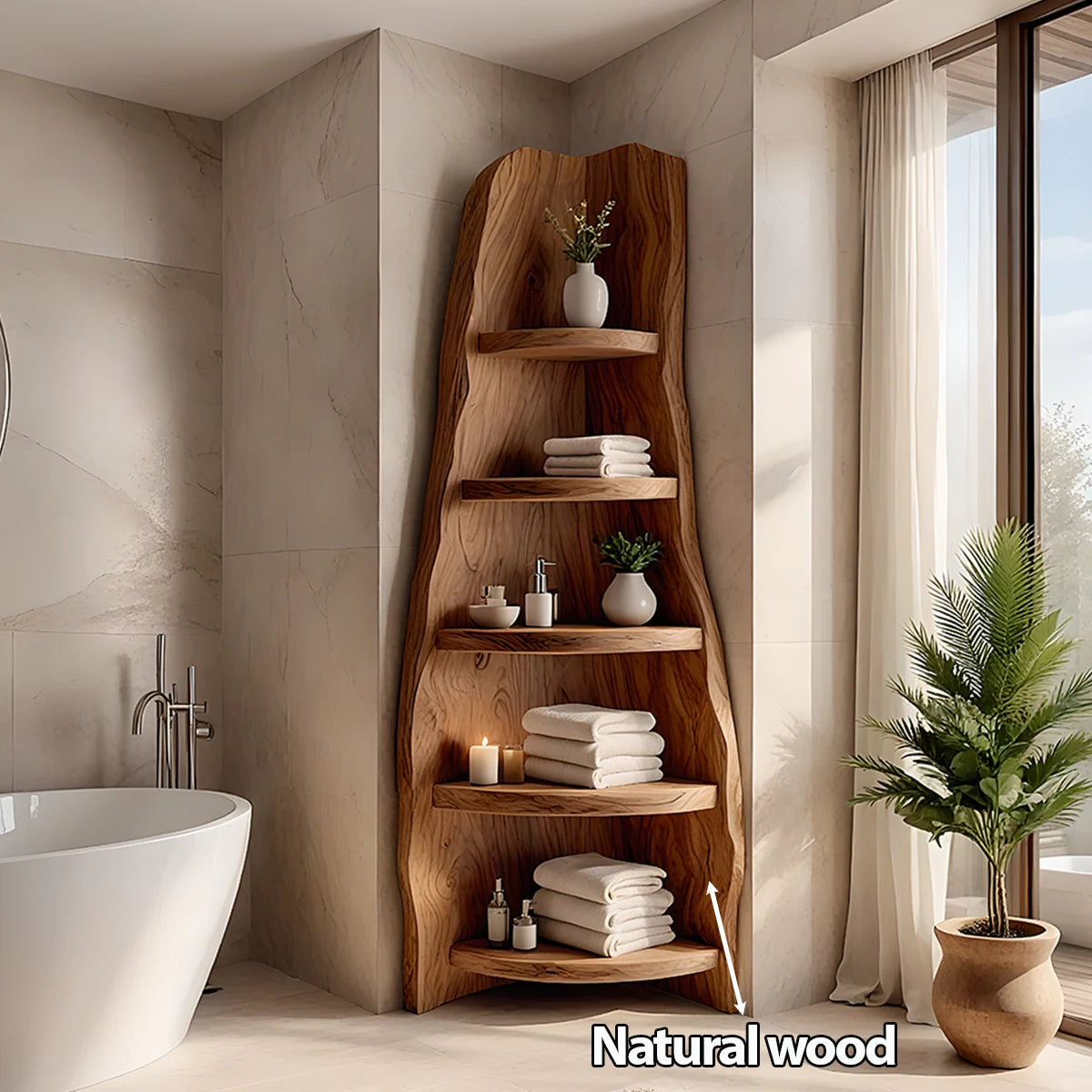 Solid Wood Corner Bathroom Shelf Tower – Live Edge Organic Design - Rustira